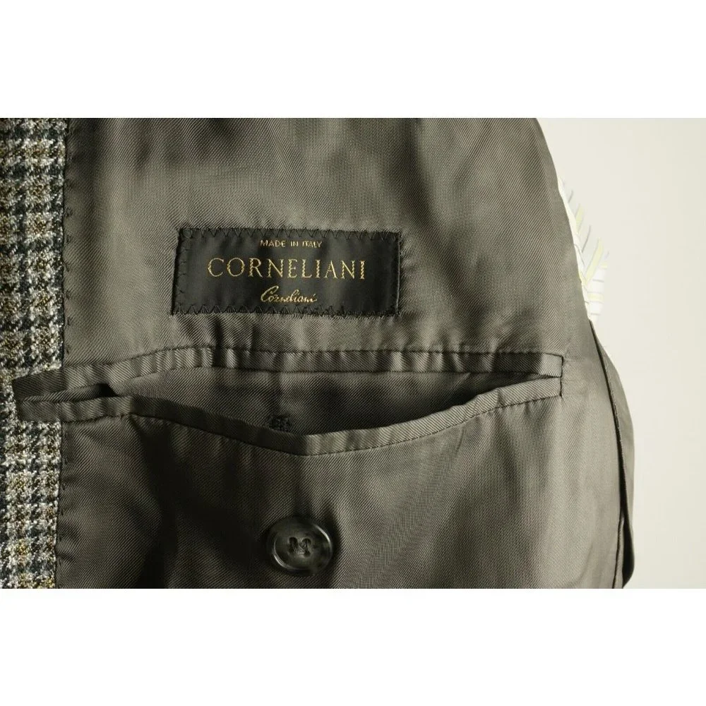 Corneliani Leader Men's 44R Gray Black‎ Tan Check Knit Wool 3 Button Sport Coat